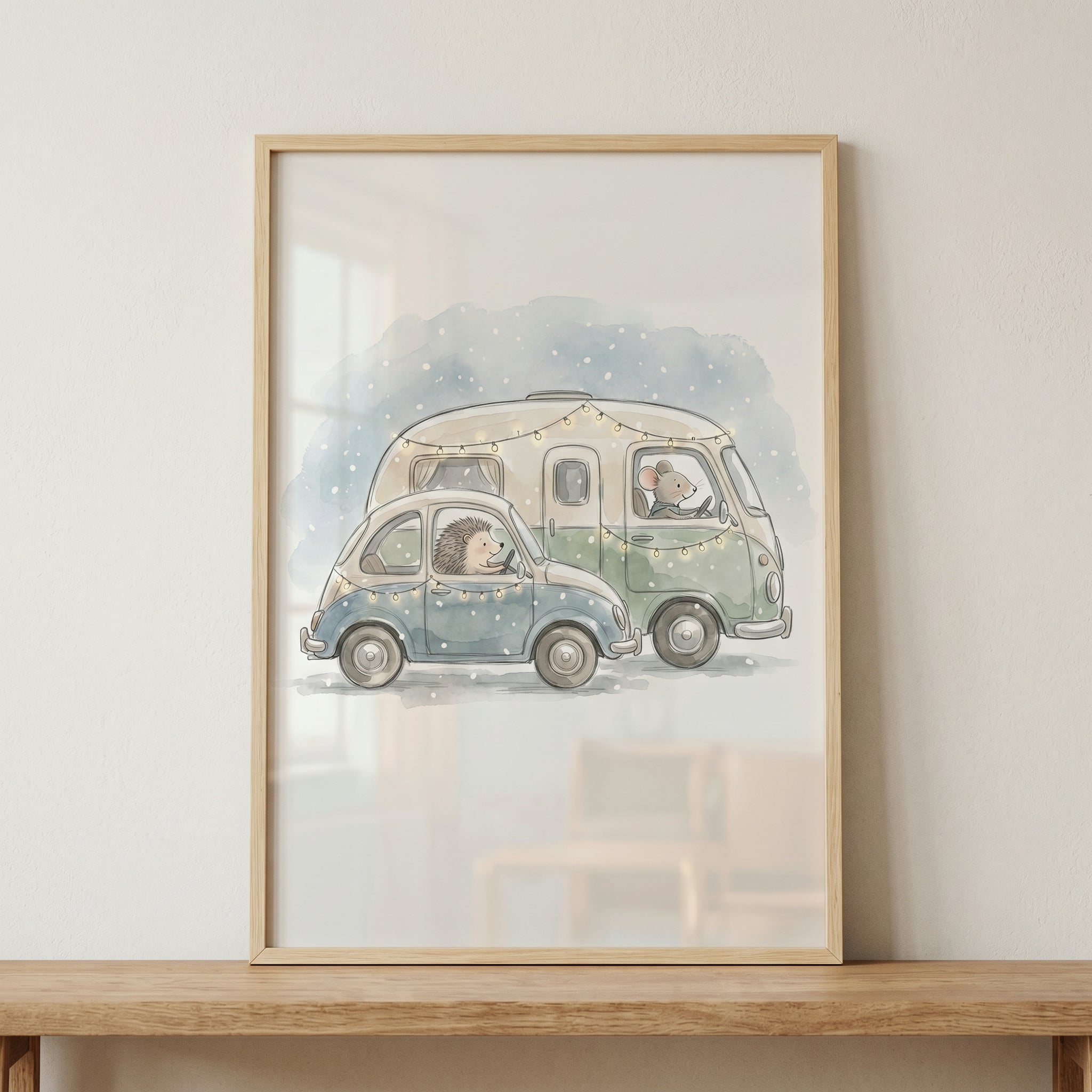 Watercolor Car Driving Animals Wall Art - Snowy Winter Journey