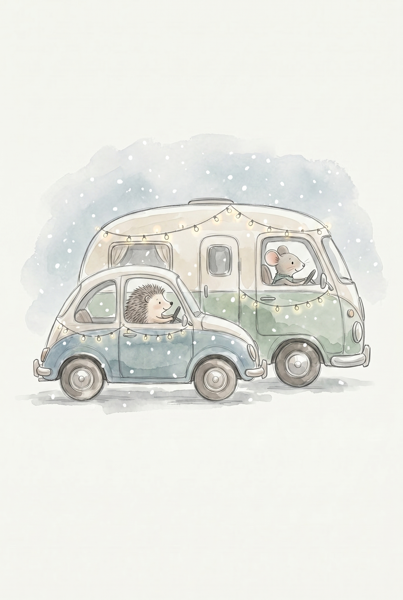 Watercolor Car Driving Animals Wall Art - Snowy Winter Journey