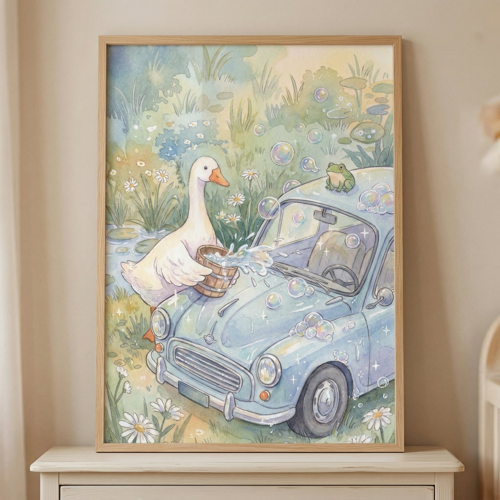 A whimsical watercolor-style illustration depicts a large white goose diligently washing a classic light blue vintage car. The goose stands on the left, leaning over the front of the vehicle while holding a small wooden bucket that splashes water onto the hood. The car is adorned with shimmering, iridescent bubbles that float through the air, suggesting a soapy wash.
