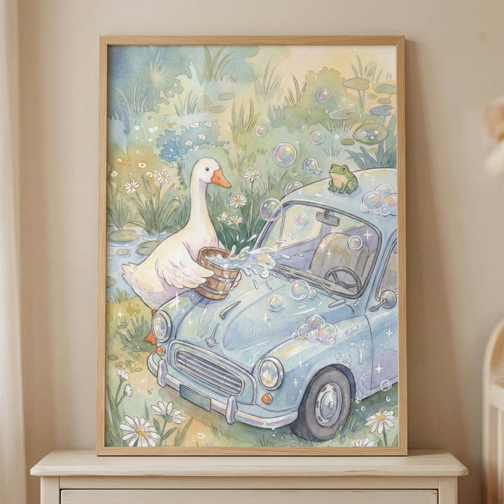 A whimsical watercolor-style illustration depicts a large white goose diligently washing a classic light blue vintage car. The goose stands on the left, leaning over the front of the vehicle while holding a small wooden bucket that splashes water onto the hood. The car is adorned with shimmering, iridescent bubbles that float through the air, suggesting a soapy wash.
