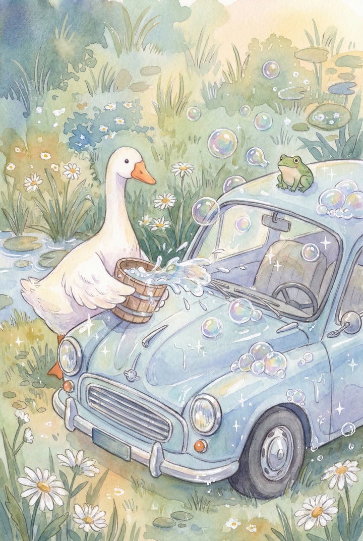 A white duck pours water from a wooden bucket over a small blue car while bubbles float around. A green frog sits on the car roof as daisies and greenery fill the background. The scene feels playful and lighthearted like a storybook moment.

