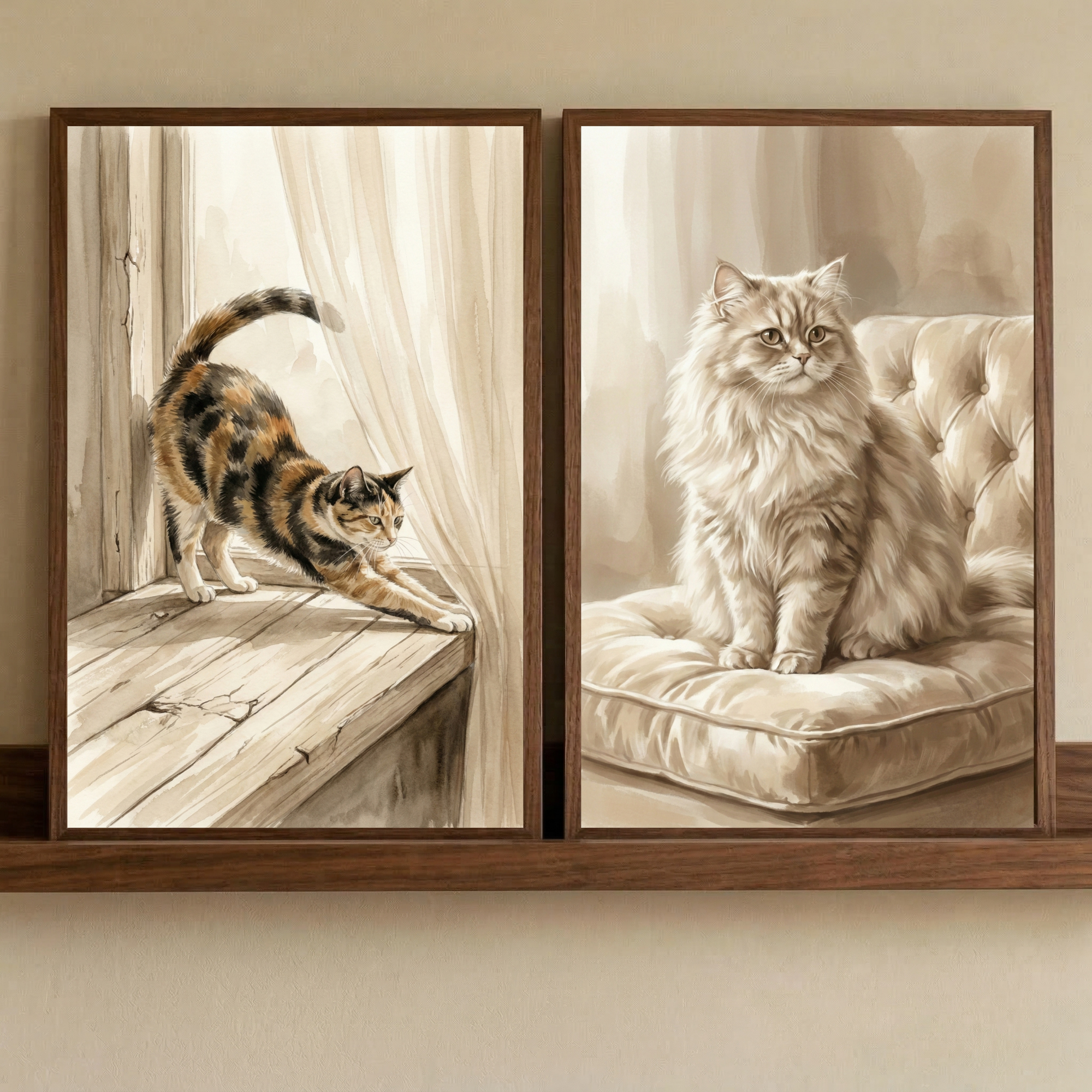 Cat Art Set of 2 - Sunlit Feline Grace