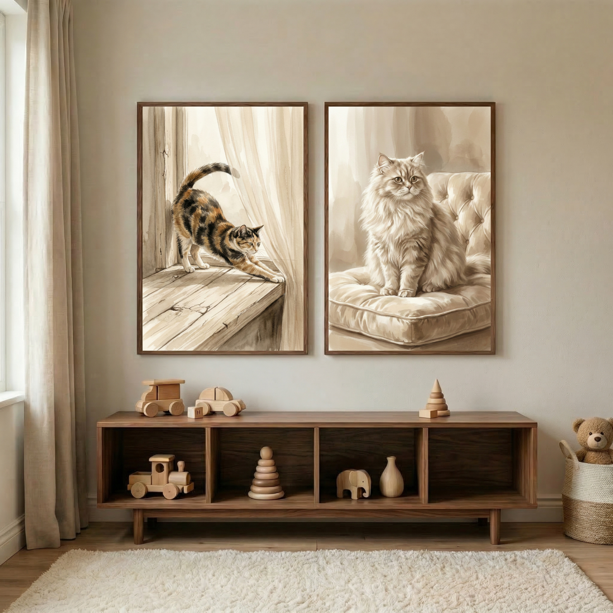Cat Art Set of 2 - Sunlit Feline Grace