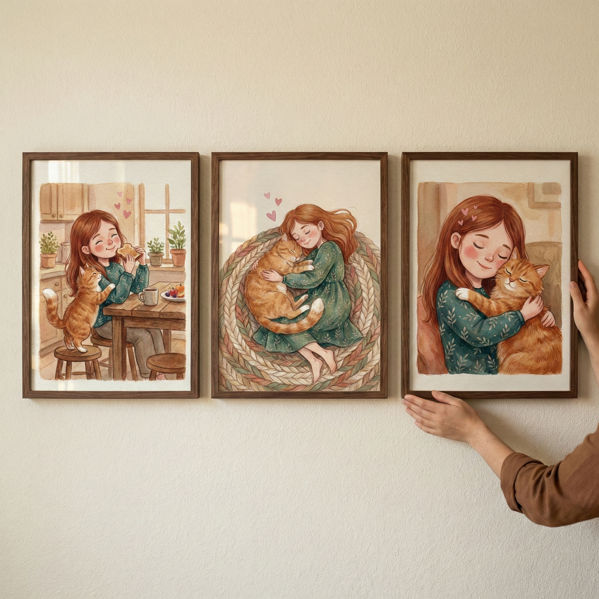 Girl And Cat Print Set of 3 - Cozy Cat Days