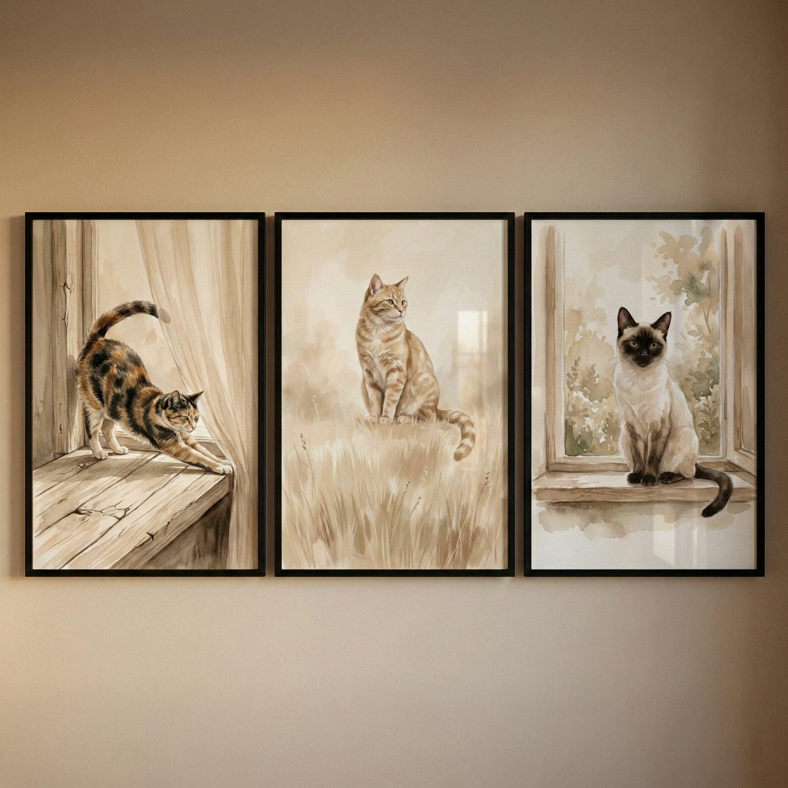 A set of three horizontally aligned black-framed artworks hanging on a neutral-toned wall. Each piece features a cat in a soft watercolor style with earthy tones. The left frame shows a calico cat stretching on a wooden floor by a curtain. The center frame depicts an orange tabby cat sitting in tall grass. The right frame features a cat with dark points on its face and paws sitting on a windowsill. The collection uses warm beige, brown, and cream hues throughout.