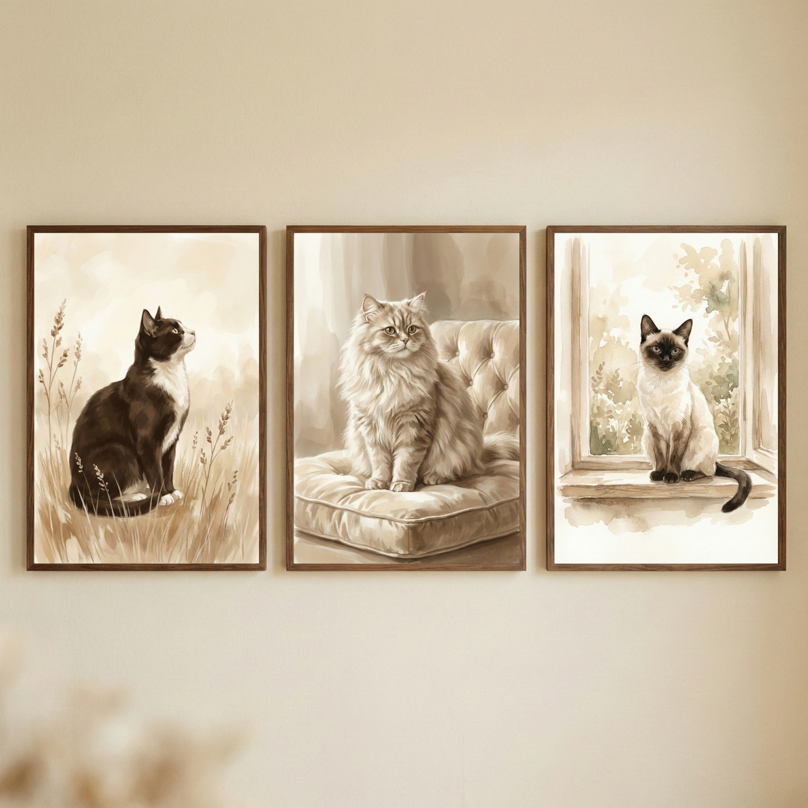 Three sepia toned cat illustrations displayed side by side on a neutral wall. The artwork shows a black and white cat sitting in tall grass, a fluffy long haired cat sitting on a cushion, and a Siamese cat sitting on a windowsill with soft botanical shapes in the background.