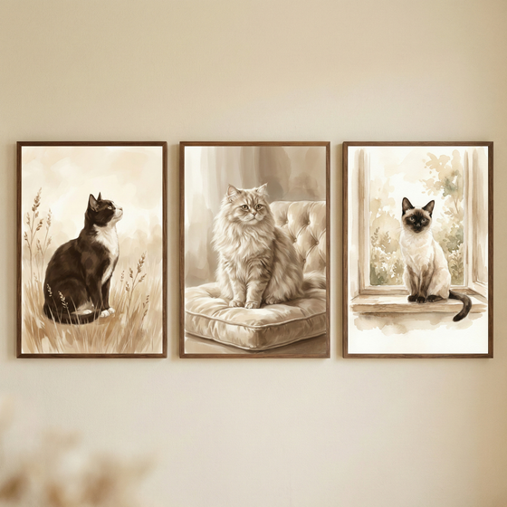 Three sepia toned cat illustrations displayed side by side on a neutral wall. The artwork shows a black and white cat sitting in tall grass, a fluffy long haired cat sitting on a cushion, and a Siamese cat sitting on a windowsill with soft botanical shapes in the background.