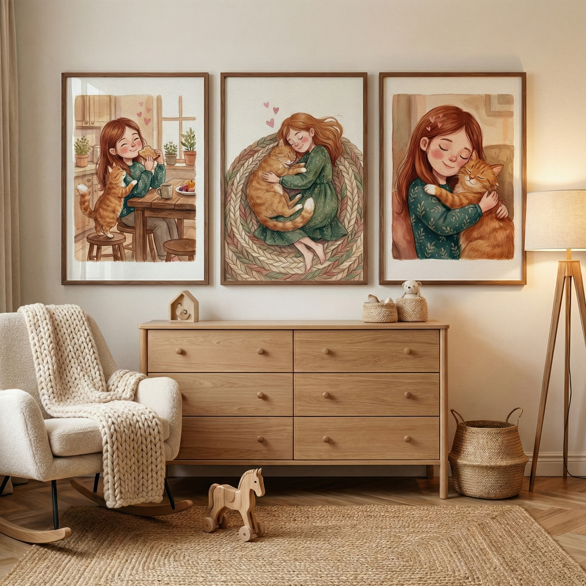 Girl And Cat Print Set of 3 - Cozy Cat Days