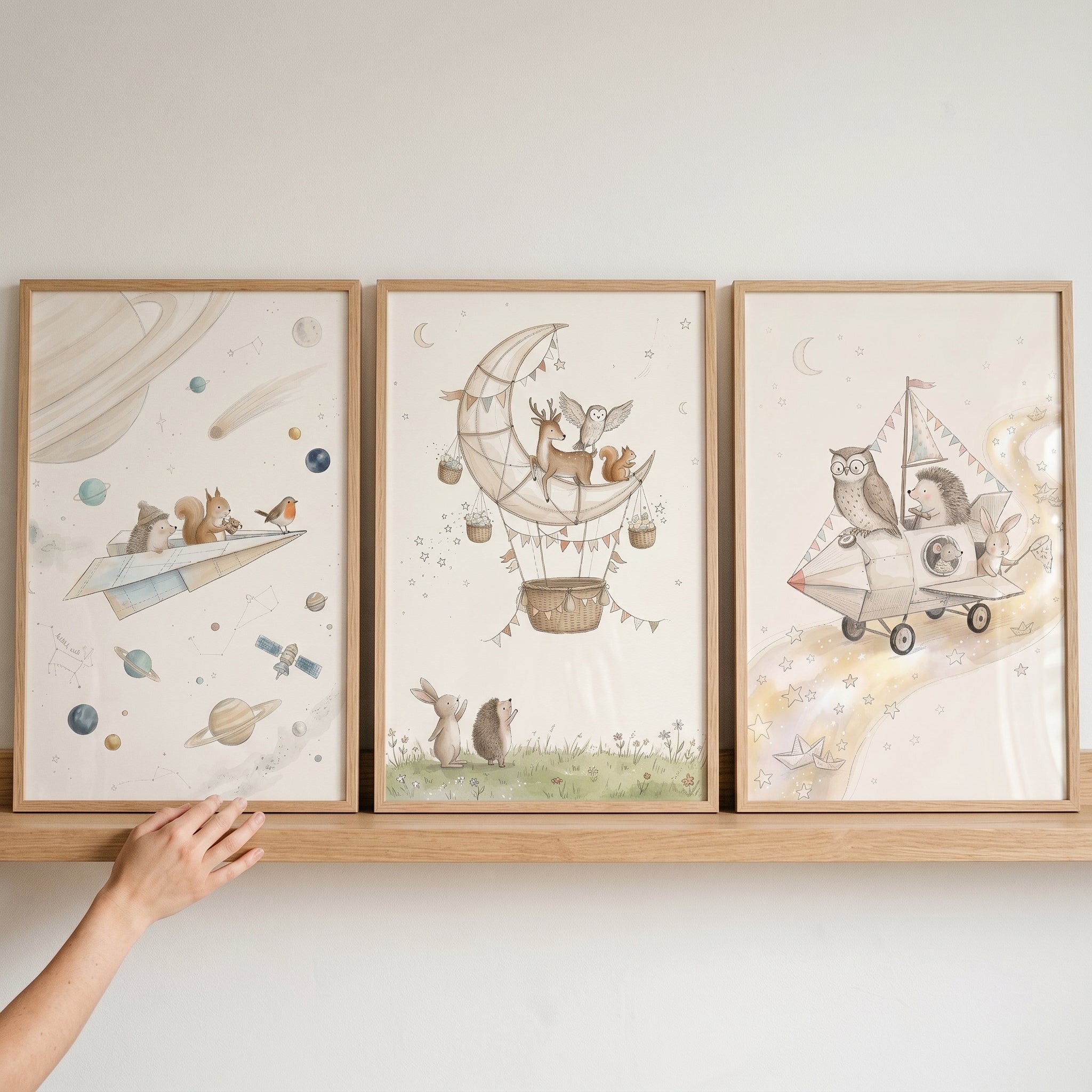 Watercolor Celestial Adventure Animals Wall Art Set of 3 - Whimsical Sky Travels