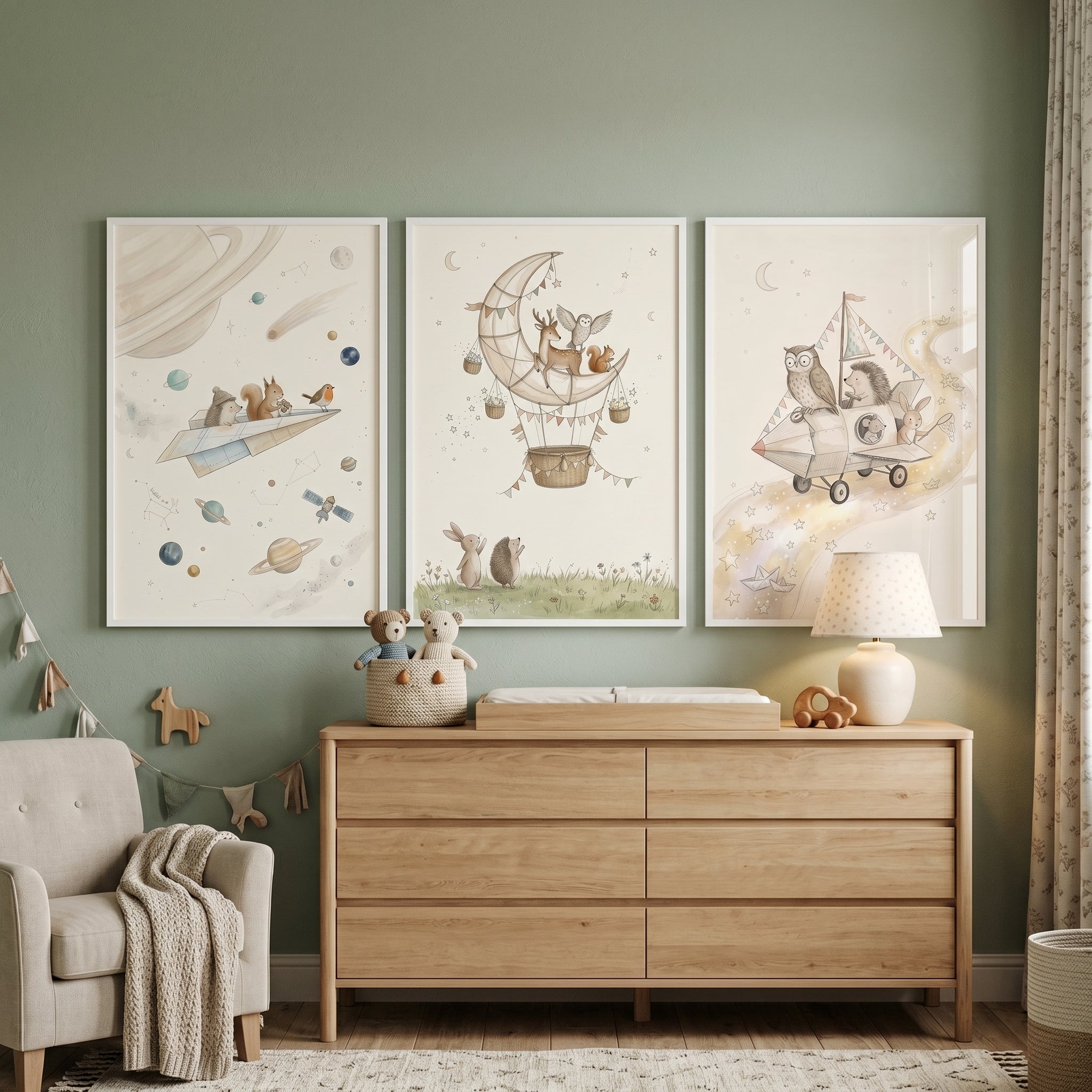 Watercolor Celestial Adventure Animals Wall Art Set of 3 - Whimsical Sky Travels