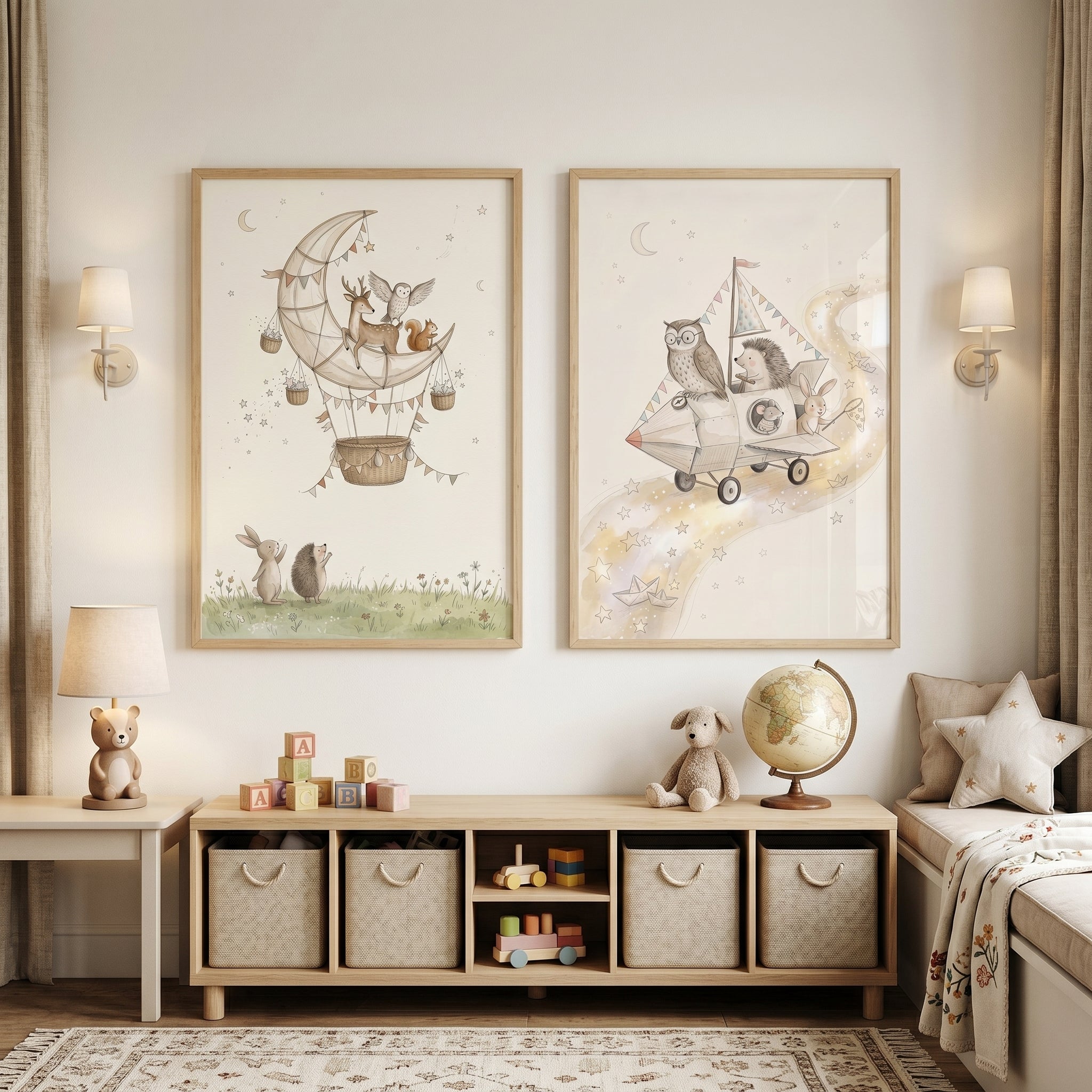 Watercolor Celestial Forest Animals Wall Art Set of 2 - Whimsical Starry Travels