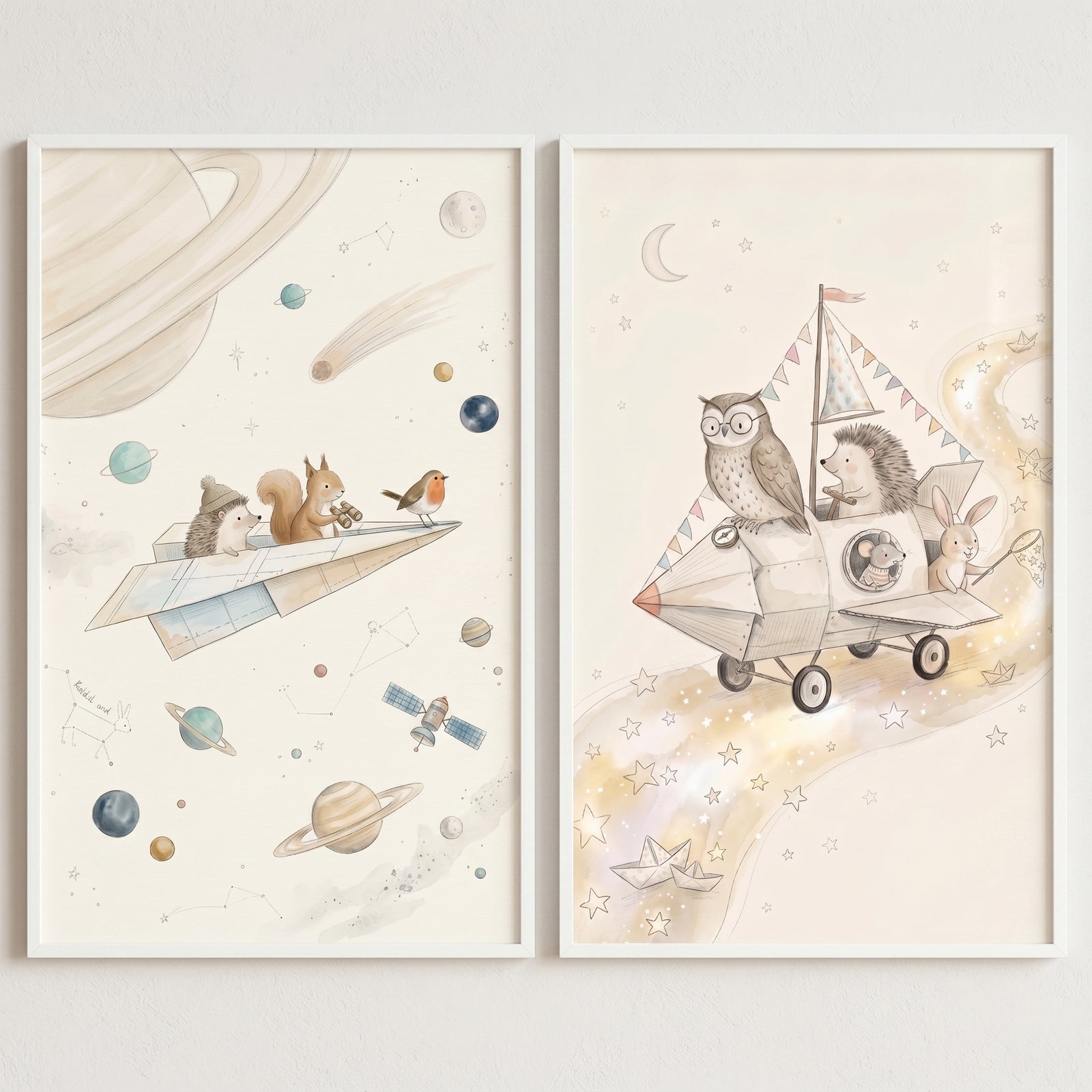 Watercolor celestial pilot animals wall art set of 2 showing woodland creatures in space vehicles with planets and stars.