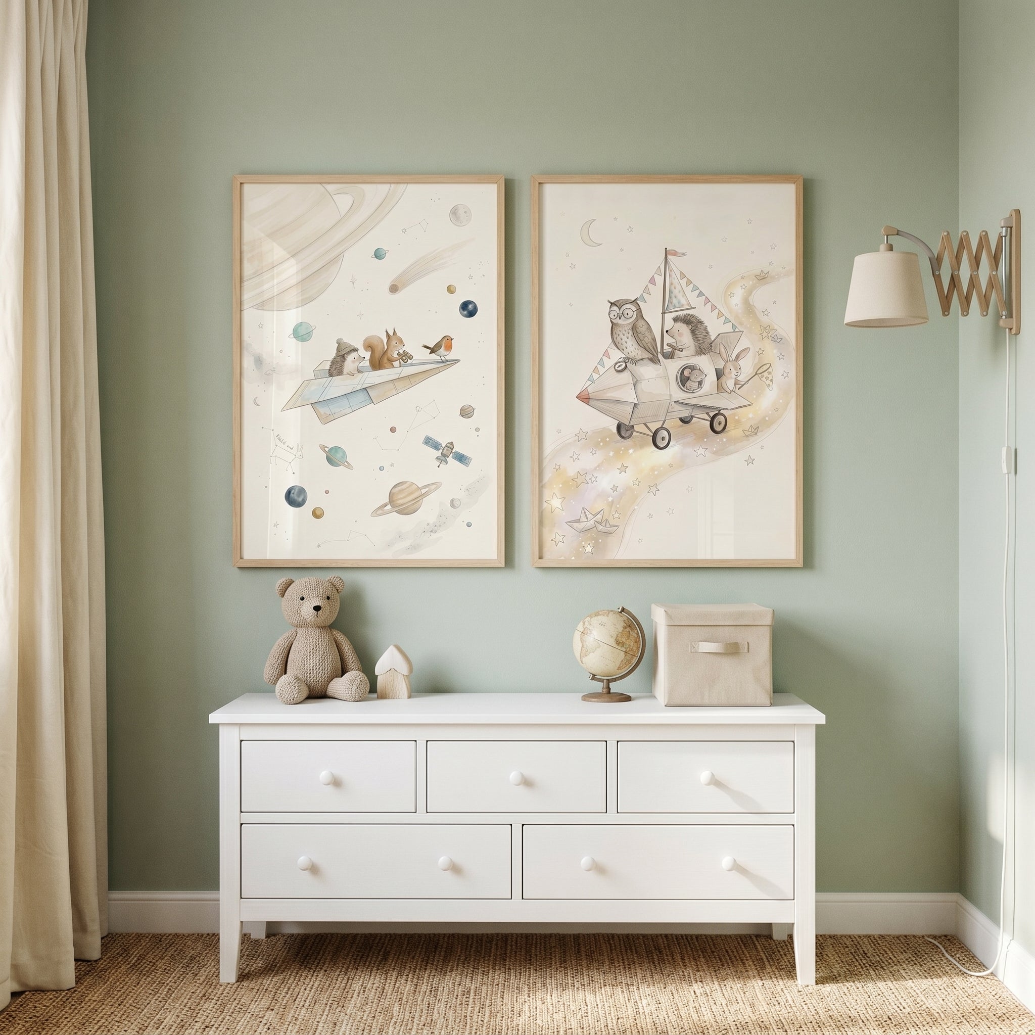 Watercolor Celestial Pilot Animals Wall Art Set of 2 - Whimsical Star Sailors