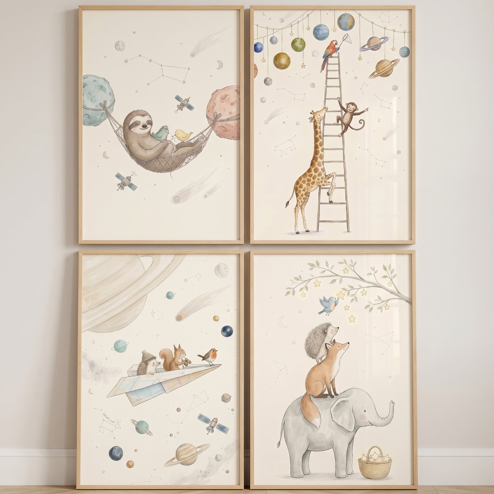 Watercolor celestial space animals wall art set of 4 with a sloth, giraffe, elephant, and fox among planets and stars.