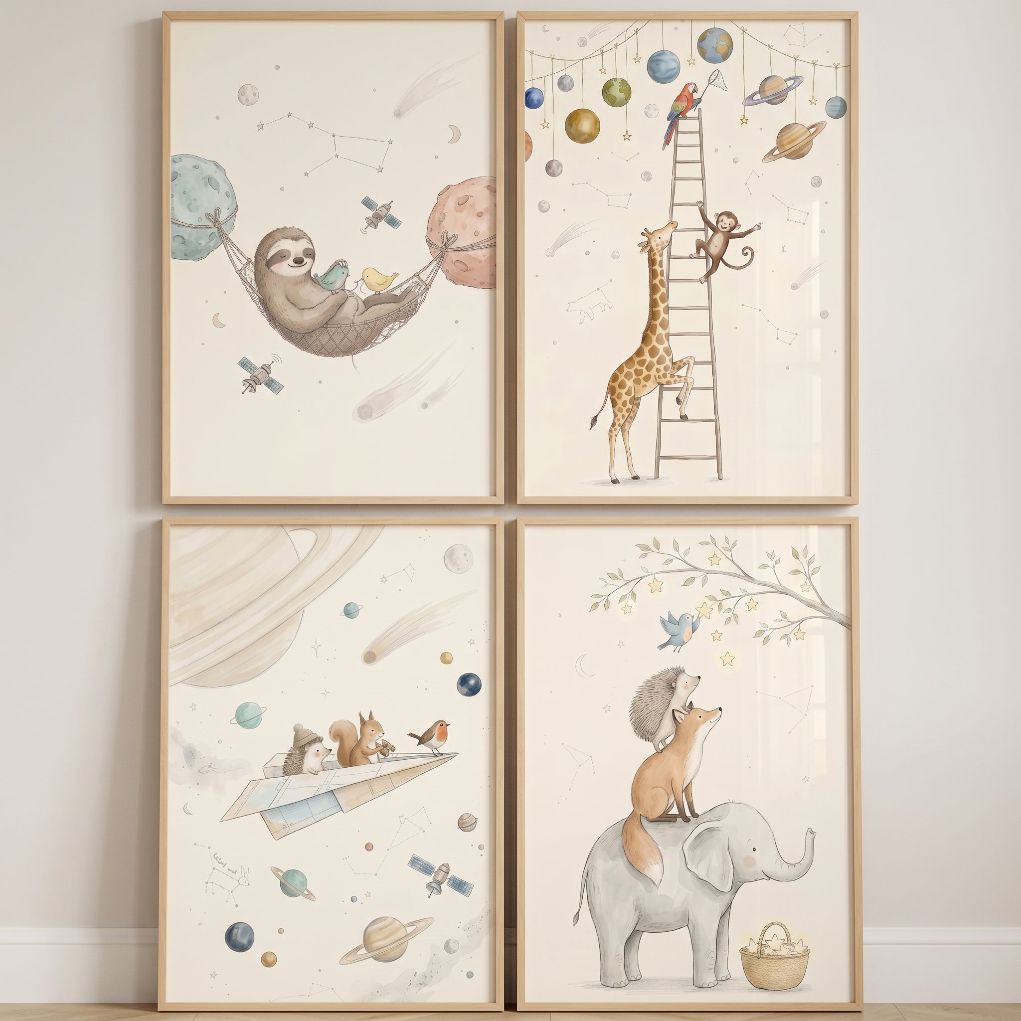 Watercolor Celestial Space Animals Wall Art Set of 4 - Whimsical Space Safari