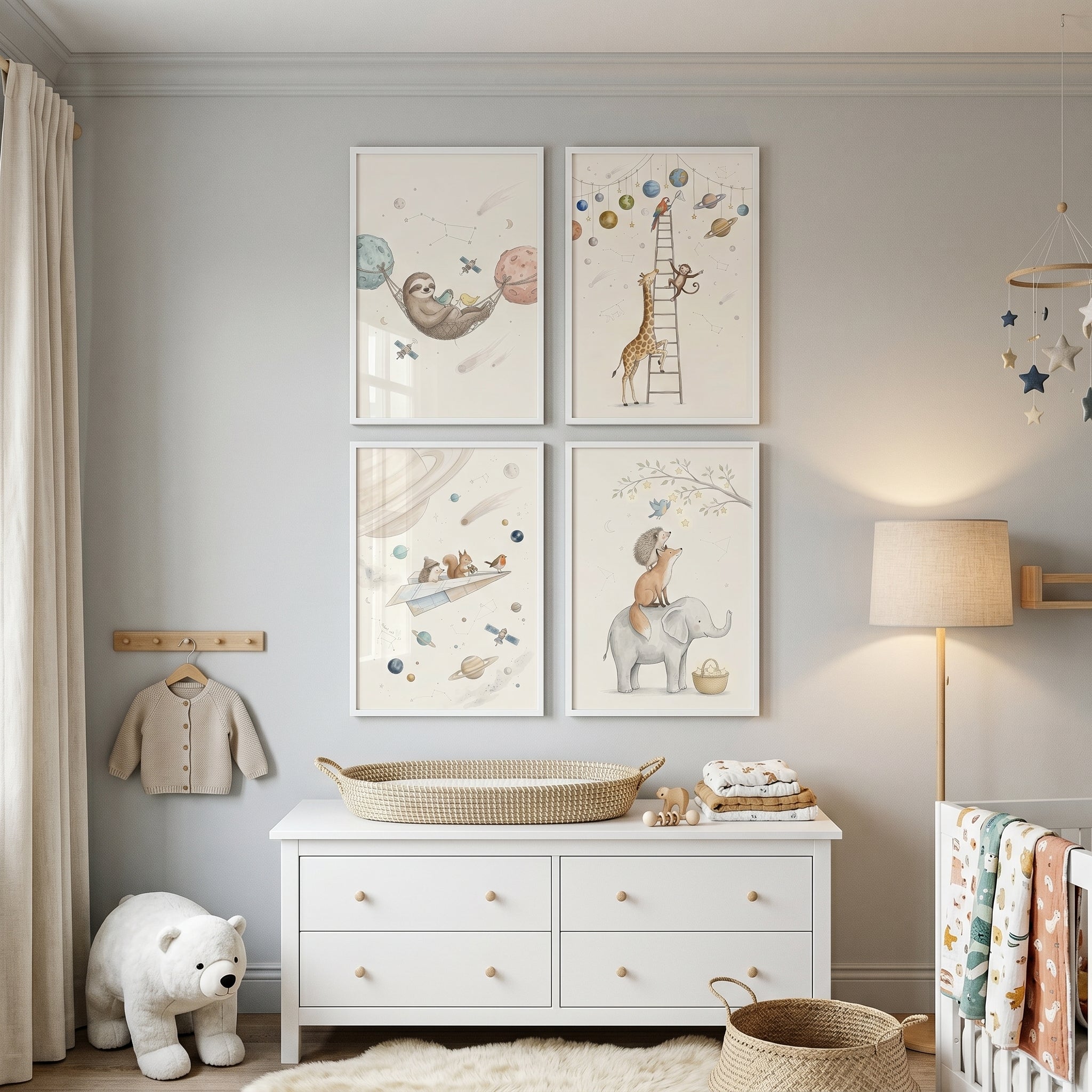 Watercolor Celestial Space Animals Wall Art Set of 4 - Whimsical Space Safari