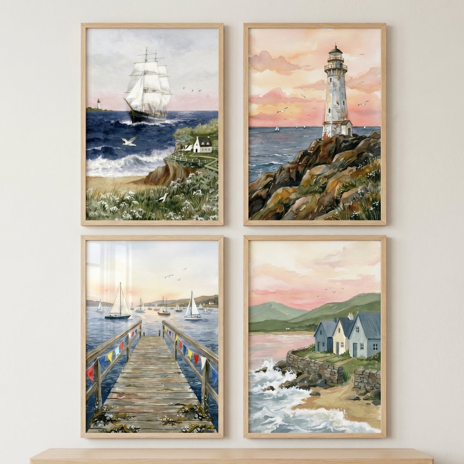 Lighthouse, sailing ship, wooden pier, and seaside cottages in a watercolor coastal landscape wall art set of 4.