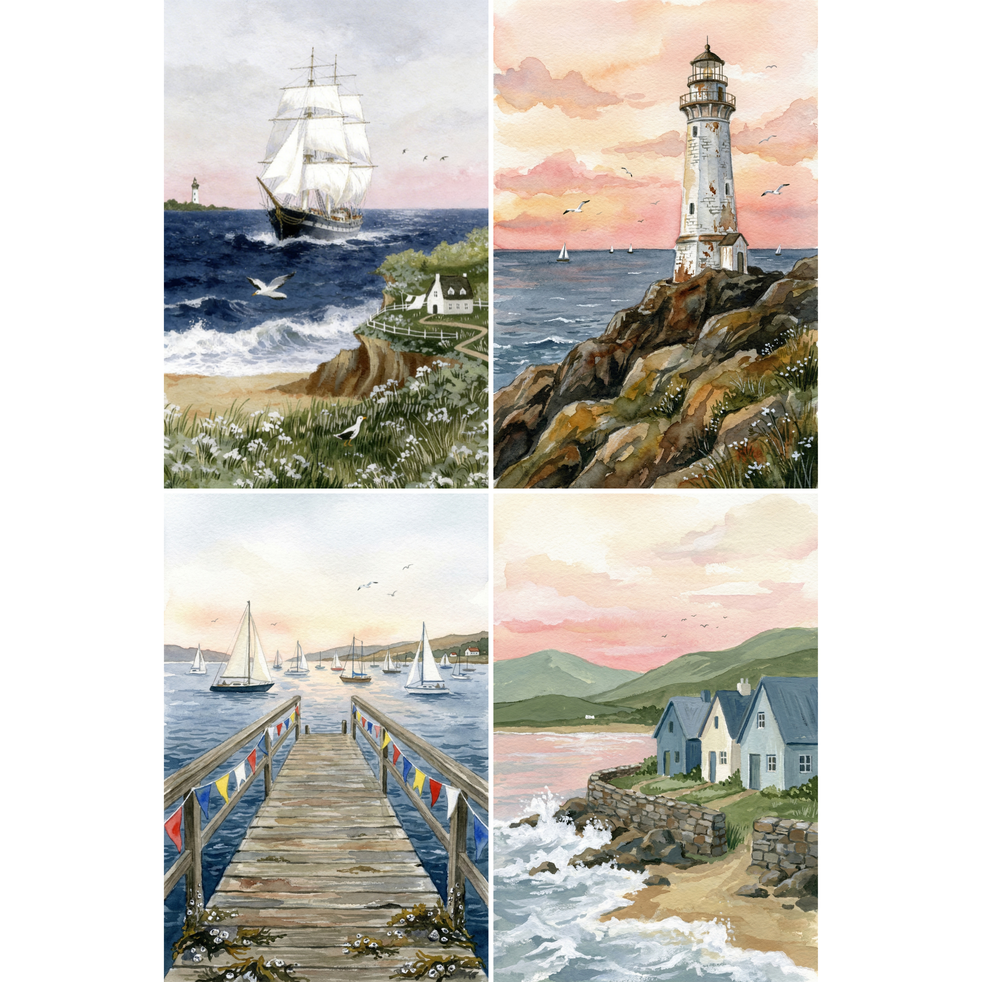 Watercolor Coastal Landscape Wall Art Set of 4 - Coastal Serenity Views