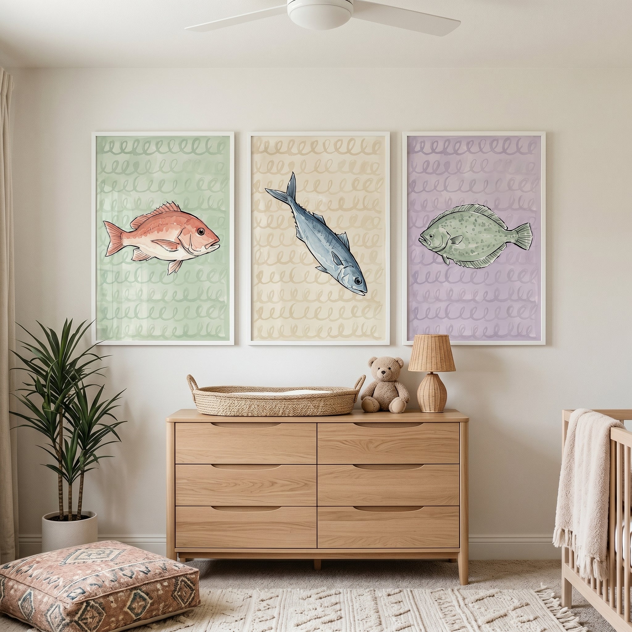 Watercolor Coastal Marine Fish Wall Art Set of 3 - Coastal Fish Trio