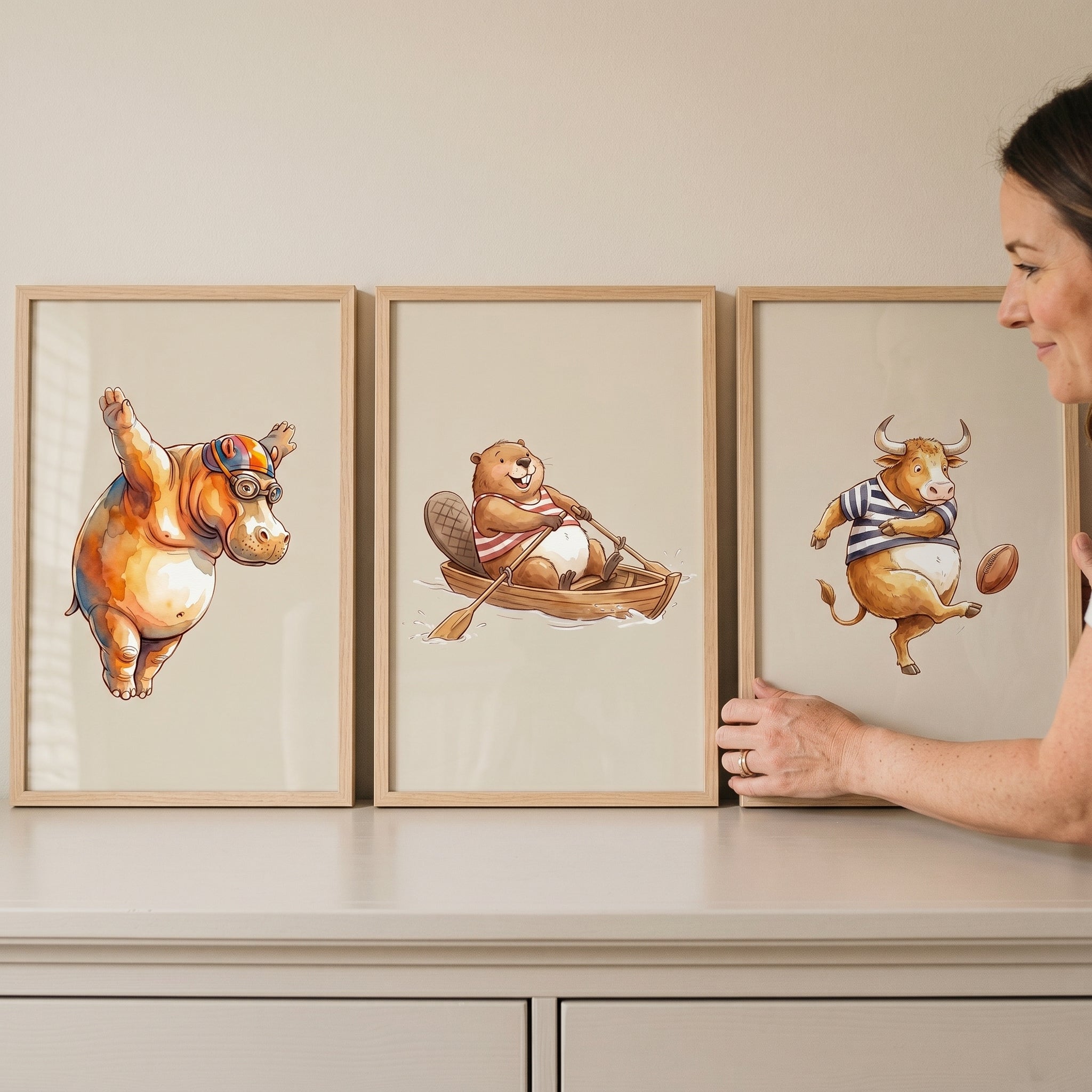 Watercolor Competitive Athletic Animals Wall Art Set of 3 - Sporty Animal Trio