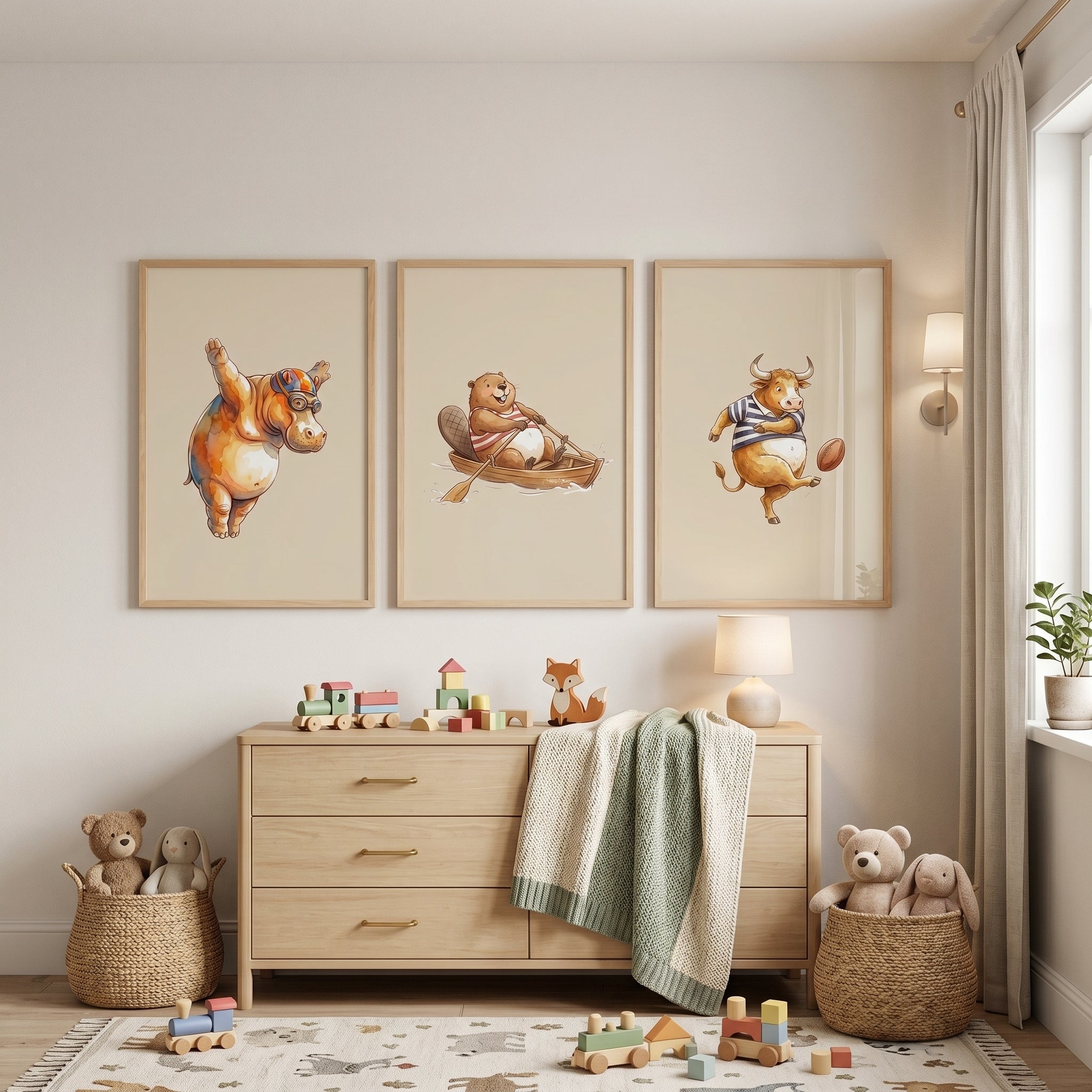 Watercolor Competitive Athletic Animals Wall Art Set of 3 - Sporty Animal Trio
