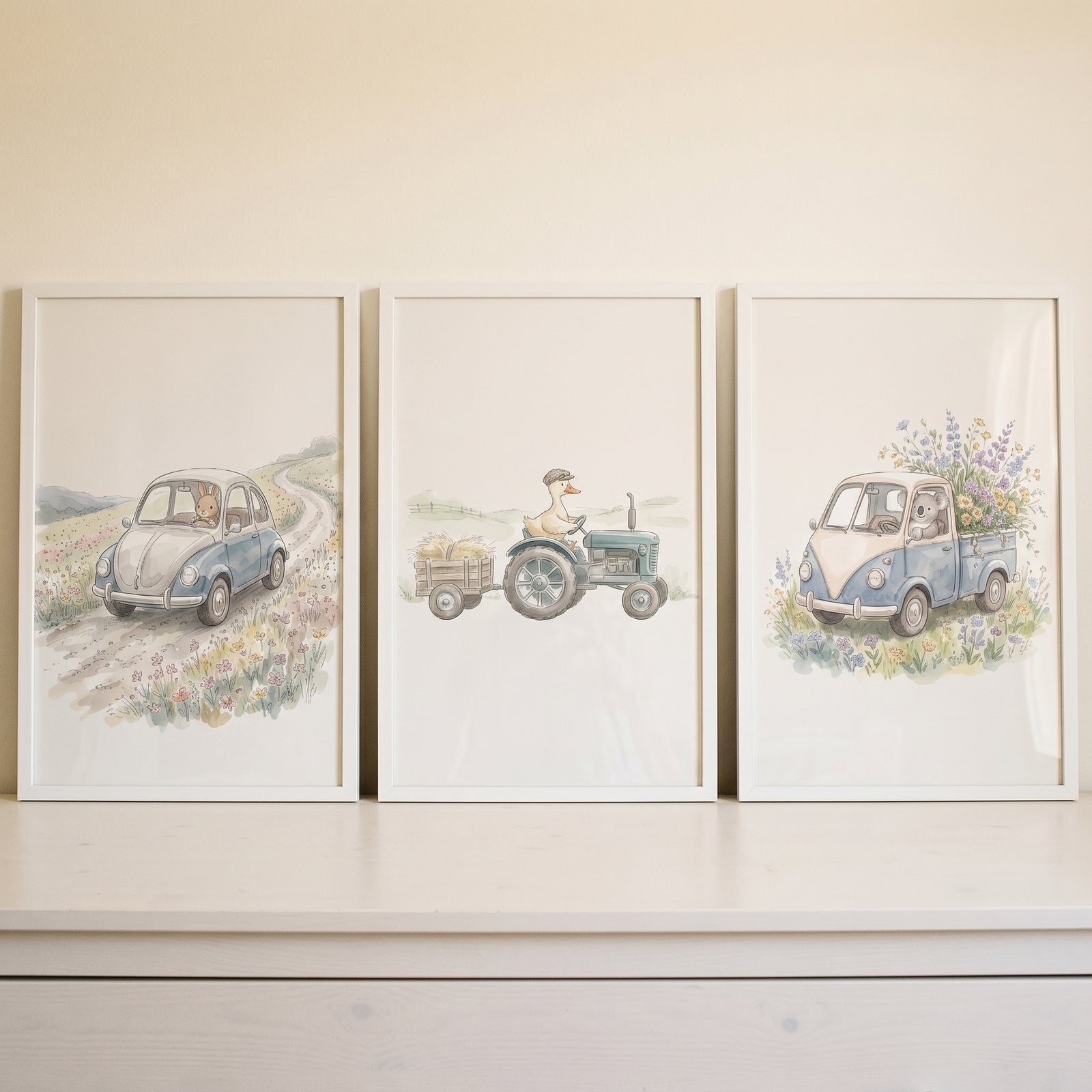 watercolor country driving animals wall art set of 3 with a rabbit in a car, duck on a tractor and koala in a flower truck.