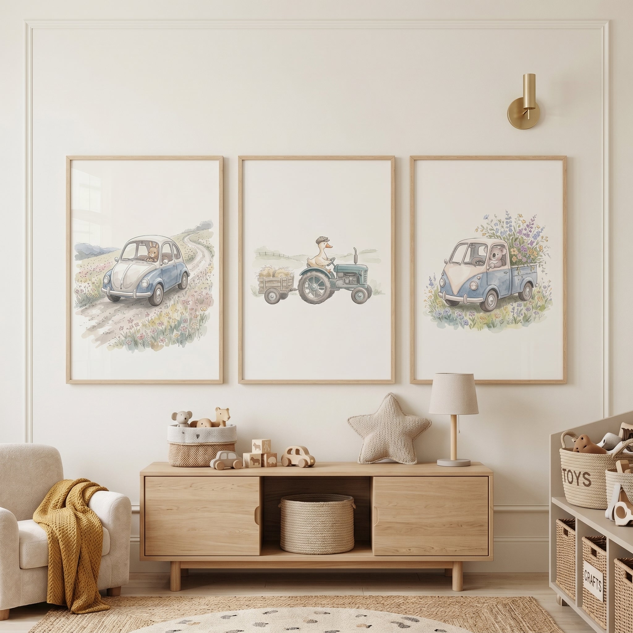 Watercolor Country Driving Animals Wall Art Set of 3 - Animal Road Trip