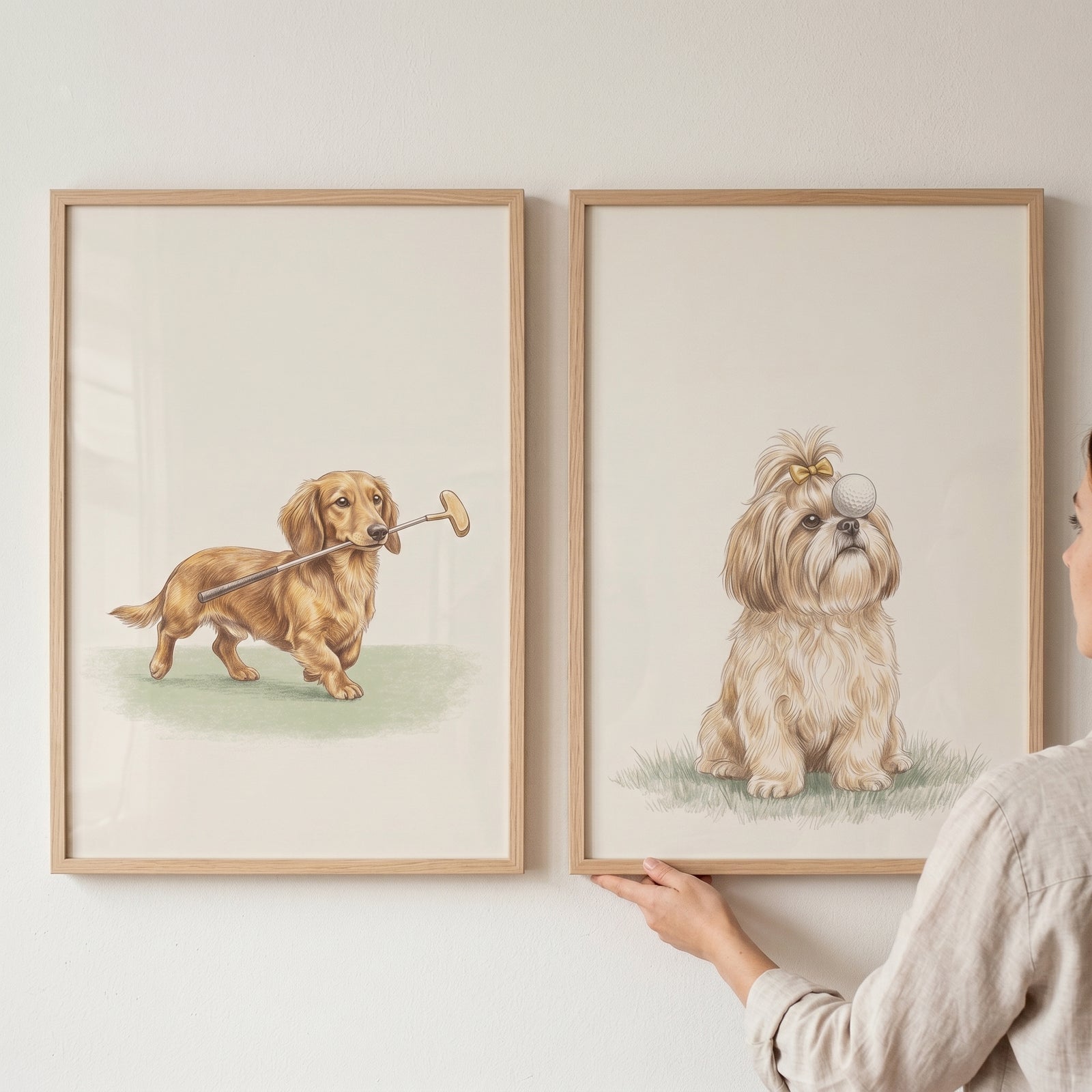 Watercolor cream golfing dogs wall art set of 2 featuring a dachshund with a club and a shih tzu with a golf ball.