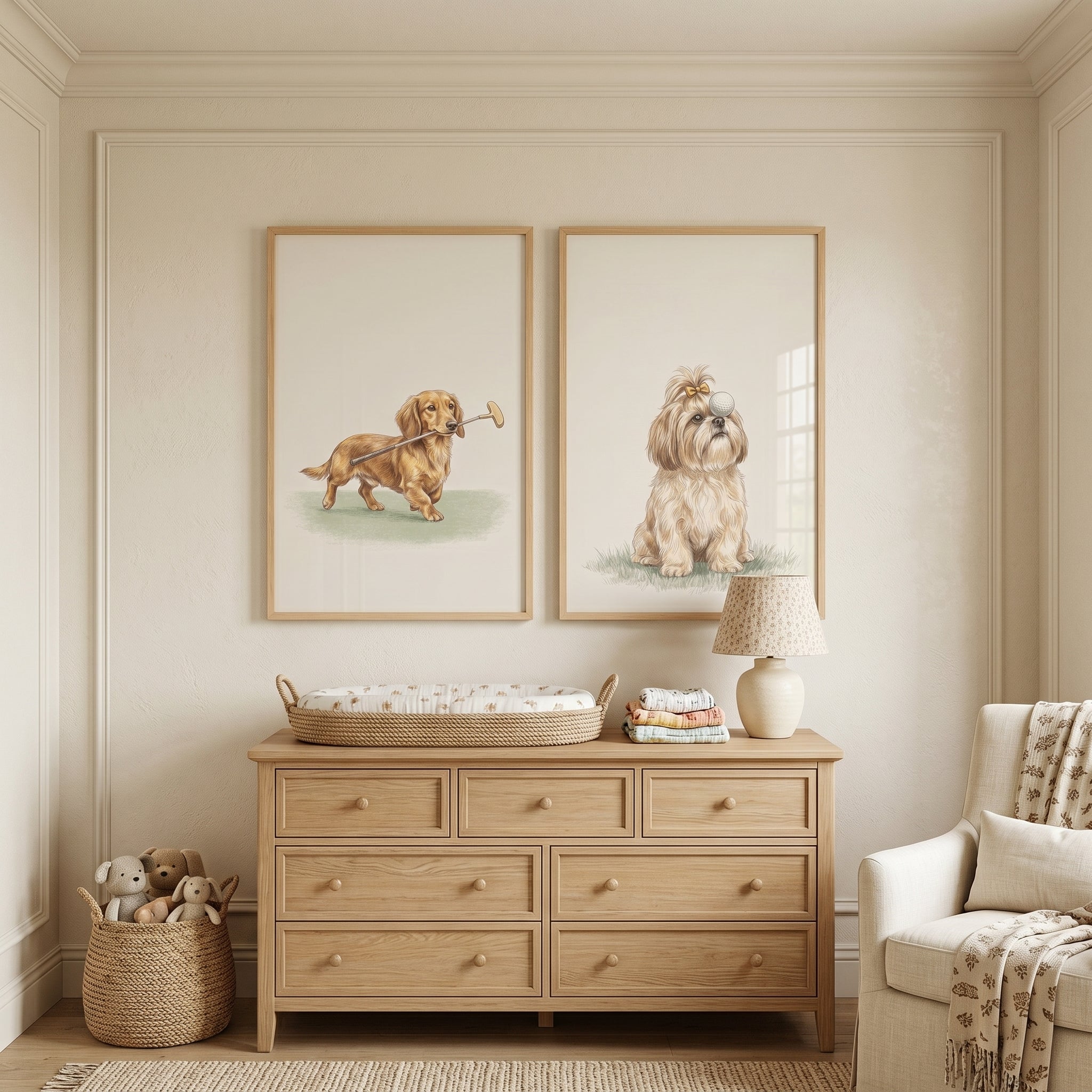Watercolor Cream Golfing Dogs Wall Art Set of 2 - Golfing Furry Friends