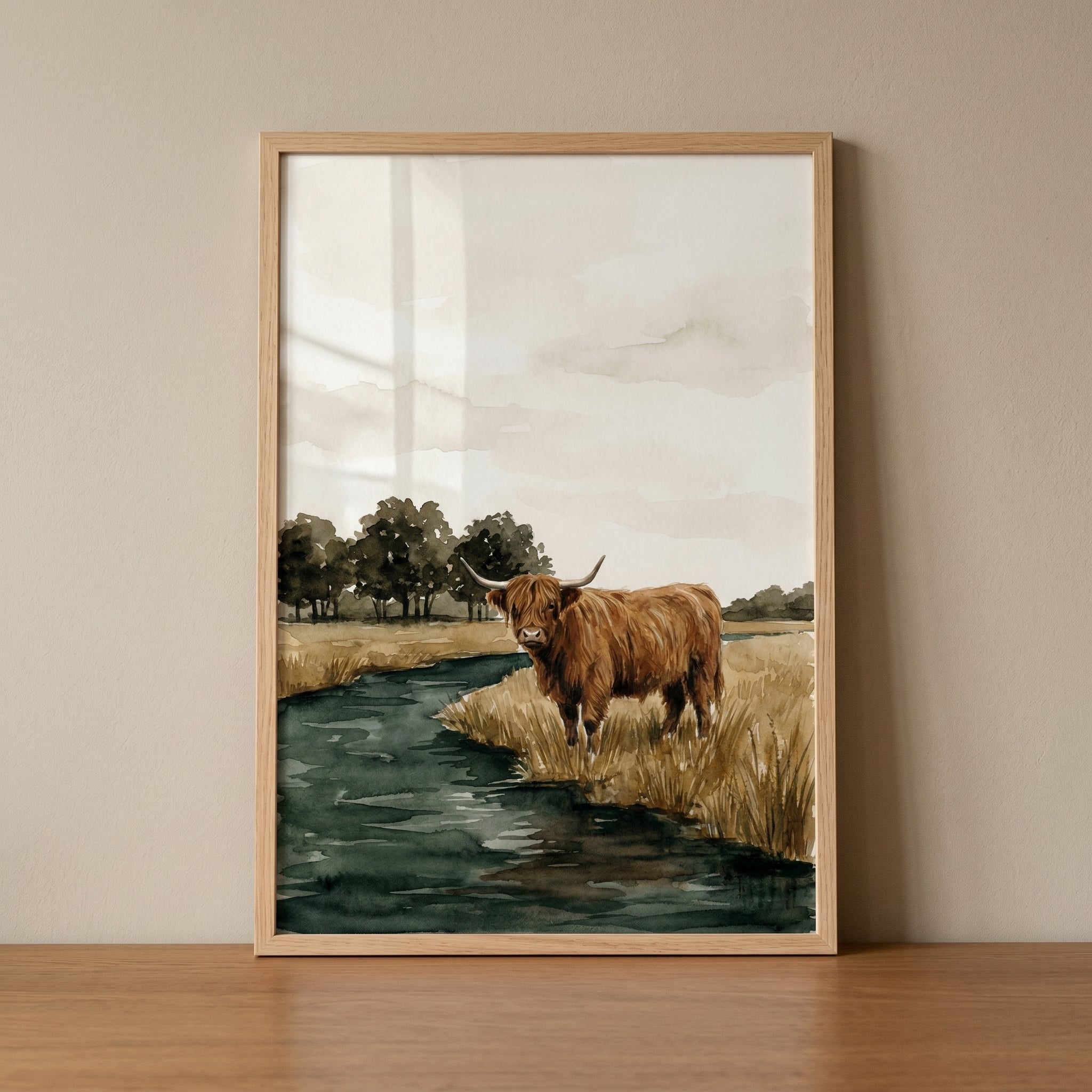 Watercolor Creek Highland Cow Wall Art - Highland Stream Serenity