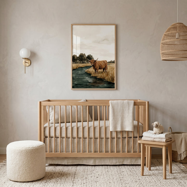 Neutral nursery with a wooden crib and watercolor creek highland cow wall art hanging above it.