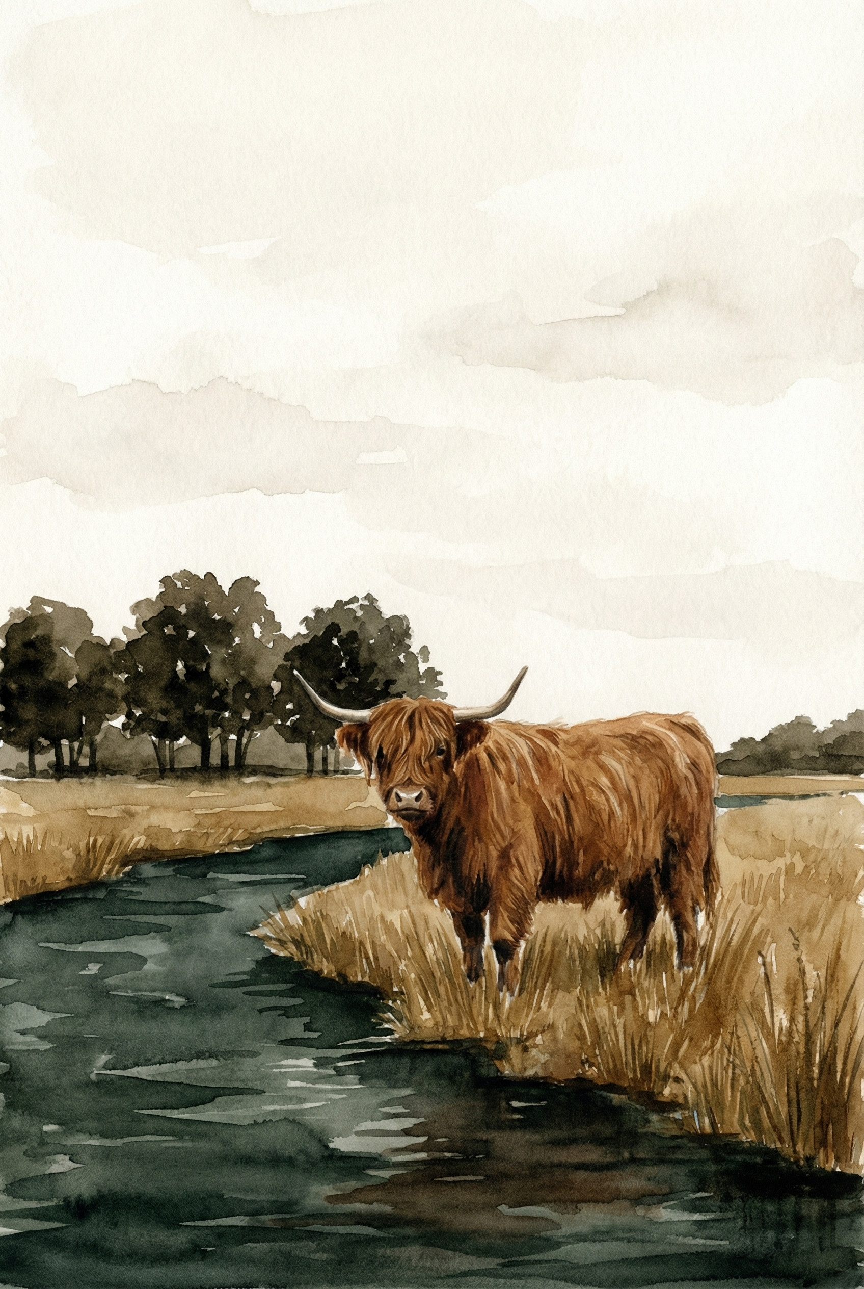Watercolor Creek Highland Cow Wall Art - Highland Stream Serenity