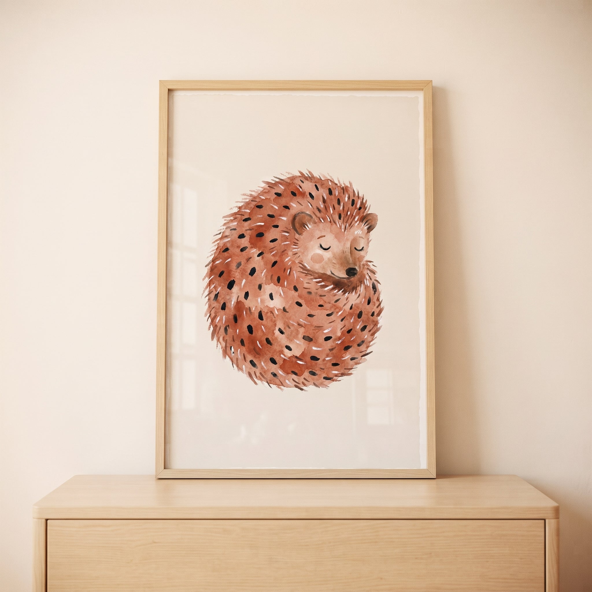 Watercolor Curled Up Hedgehog Wall Art - Cozy Forest Napper