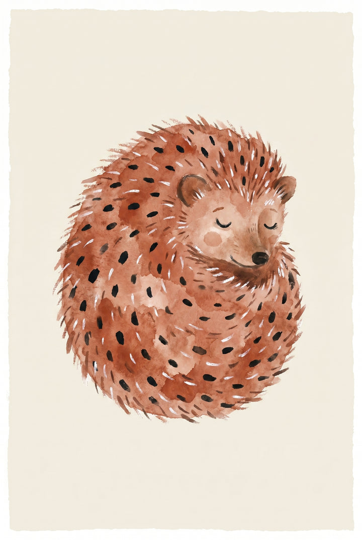 Watercolor curled up hedgehog wall art with a sweet sleeping expression and speckled brown spines on cream paper.