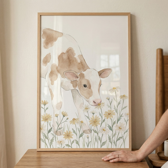 A vertical wooden frame contains a delicate watercolor-style illustration of a young, spotted brown and white calf. The calf is positioned among a cluster of light yellow and white daisy-like flowers, its head lowered as if to sniff one. The background of the artwork is a plain off-white. The framed piece sits on a smooth wooden surface against a neutral wall, with a person's hand resting nearby.