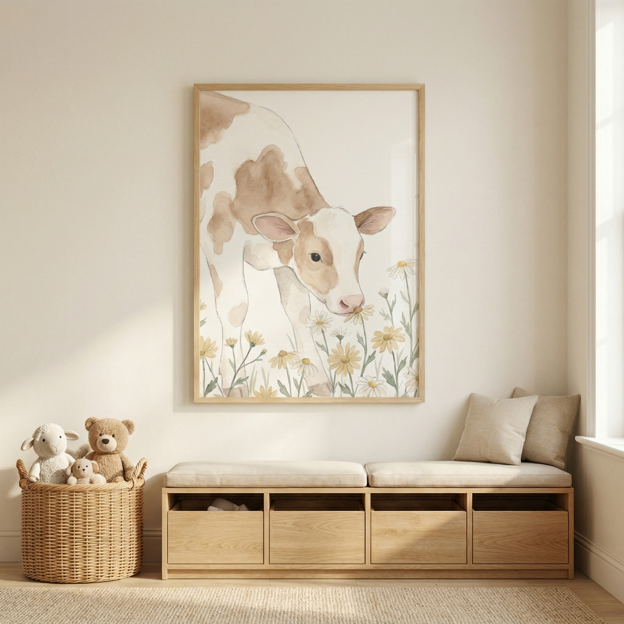 A light-colored nursery or playroom features a large, framed watercolor-style illustration of a brown and white calf sniffing yellow flowers. The artwork is centered on a neutral-toned wall above a light wood storage bench. The bench has four drawers and is topped with light beige cushions and two matching throw pillows. 