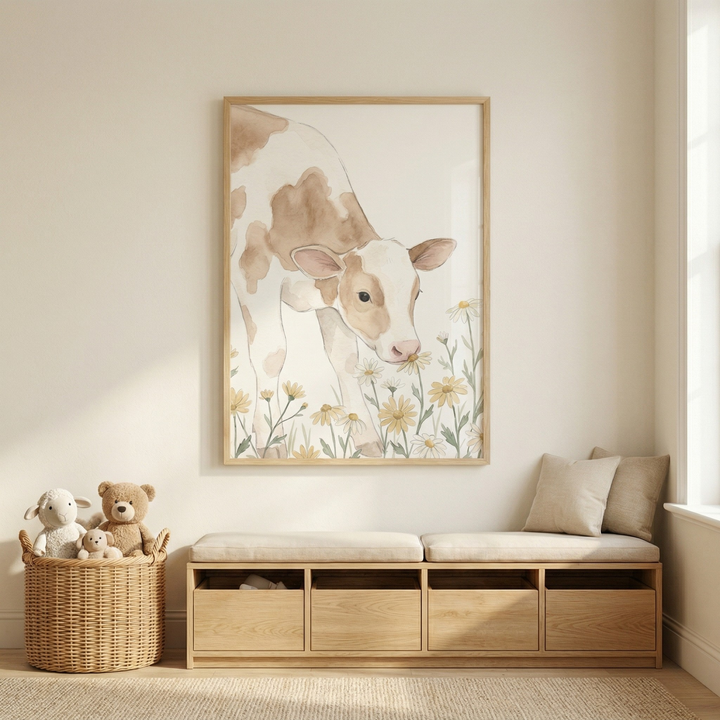 A light-colored nursery or playroom features a large, framed watercolor-style illustration of a brown and white calf sniffing yellow flowers. The artwork is centered on a neutral-toned wall above a light wood storage bench. The bench has four drawers and is topped with light beige cushions and two matching throw pillows. 