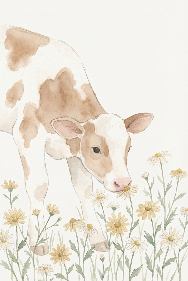 Watercolor illustration of a brown and white calf leaning down to sniff small white and yellow daisies growing in a field. The soft brushwork and neutral tones create a gentle and curious farm moment.

