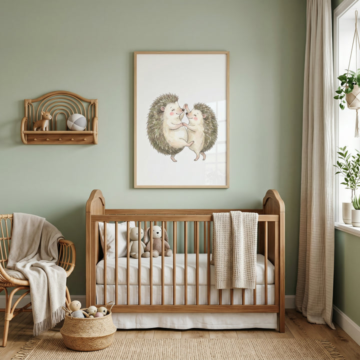 Sage green nursery with a wooden crib, woven chair, and watercolor dancing hedgehog wall art.