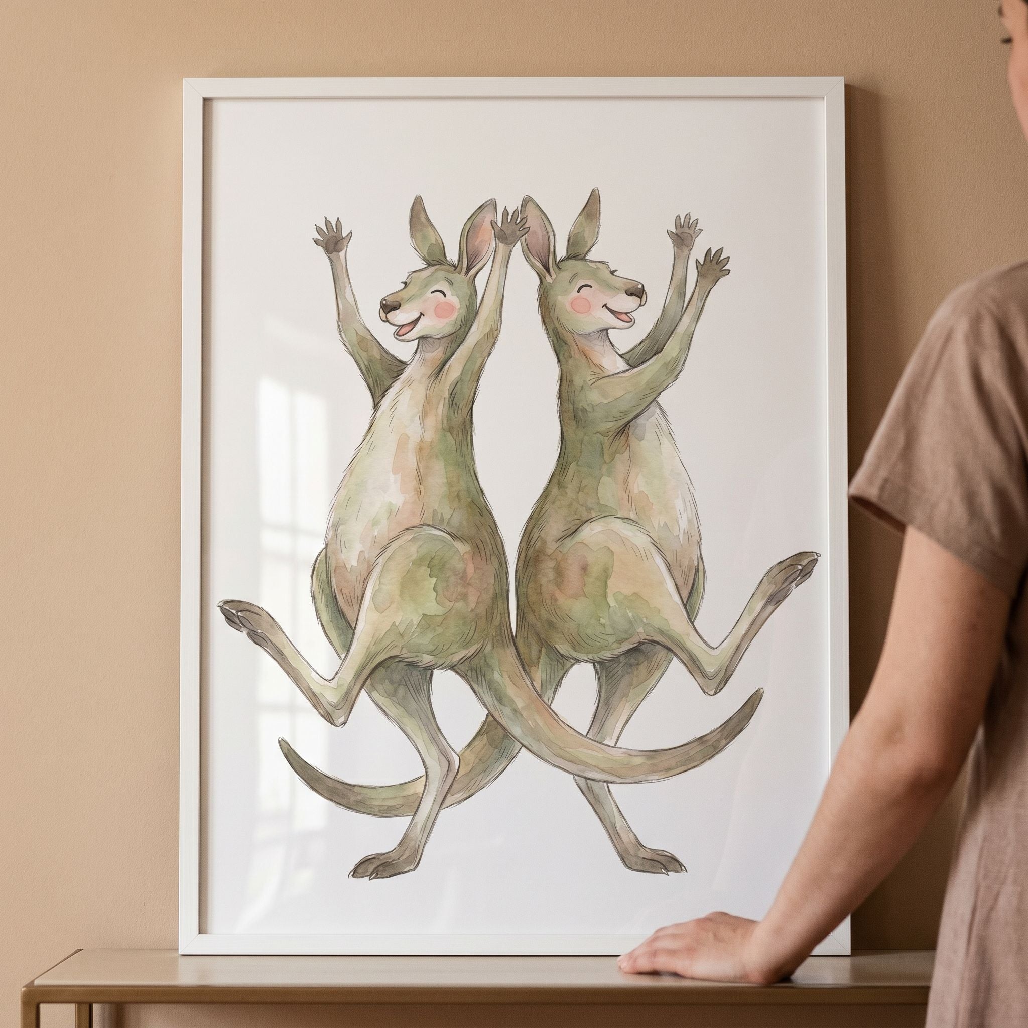 Watercolor Dancing Kangaroo Wall Art - Joyful Kangaroo Dance