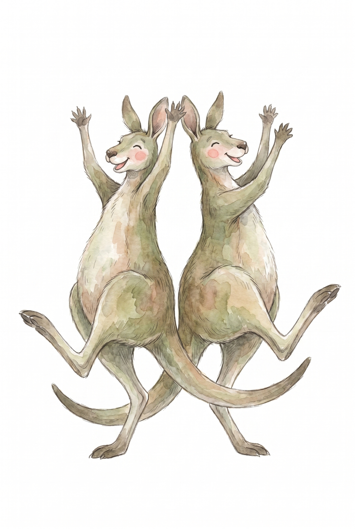 Watercolor dancing kangaroo wall art featuring two happy kangaroos back-to-back with arms raised and legs kicked out.