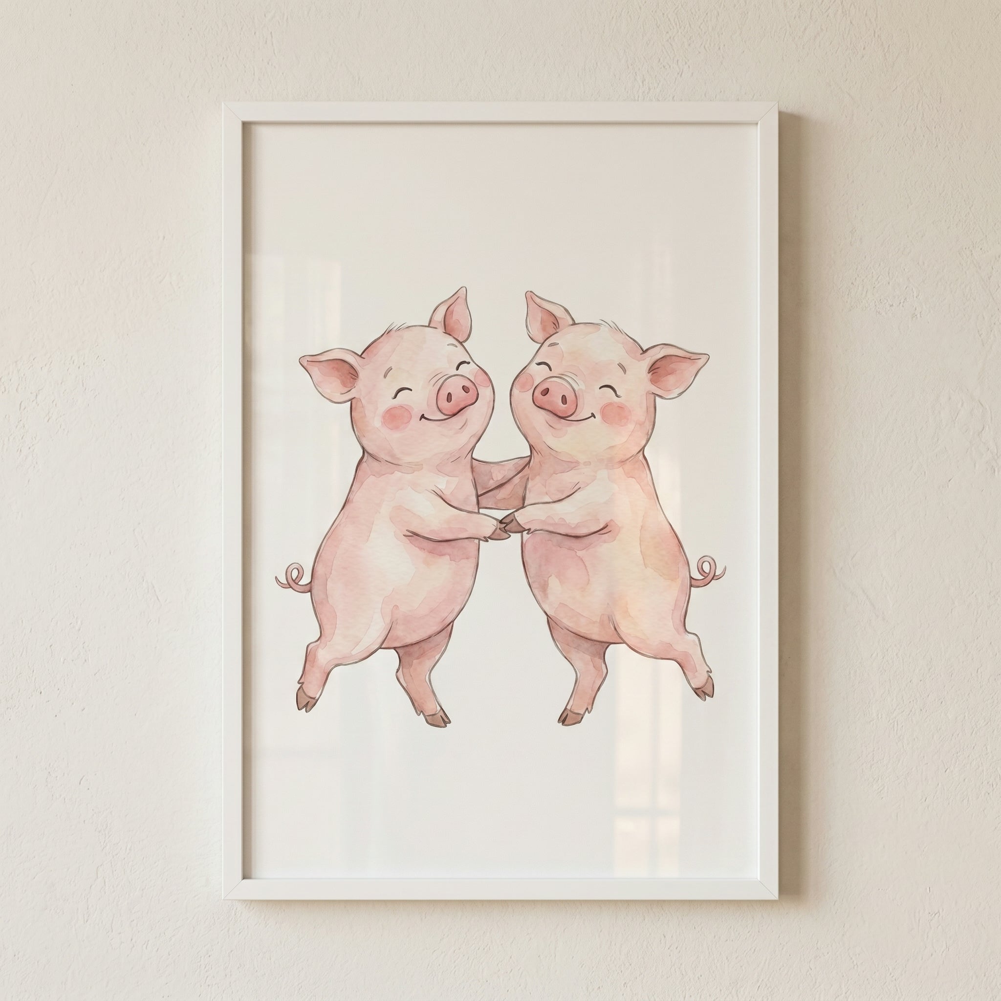 Watercolor Dancing Pink Pigs Wall Art - Joyful Piggy Pair
