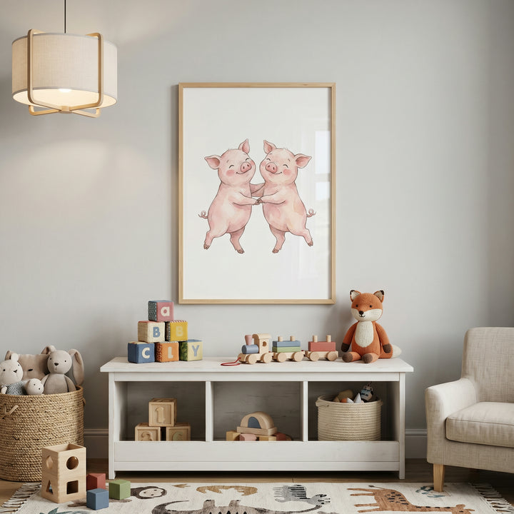 Nursery with toys, a storage bench, and watercolor dancing pink pigs wall art framed on a light gray wall.