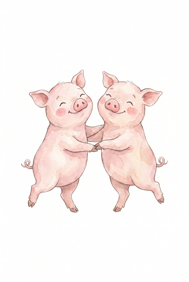 Two happy watercolor dancing pink pigs wall art holding hands on a plain white background.