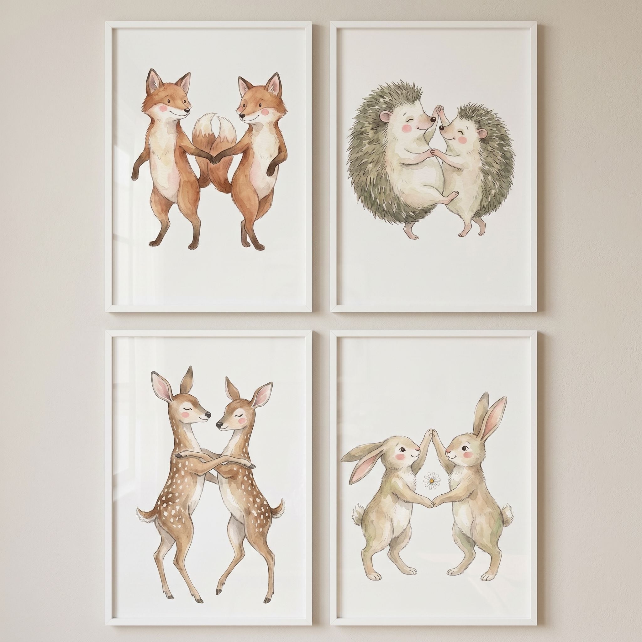 Watercolor Dancing Woodland Animal Wall Art Set of 4 - Whimsical Woodland Friends