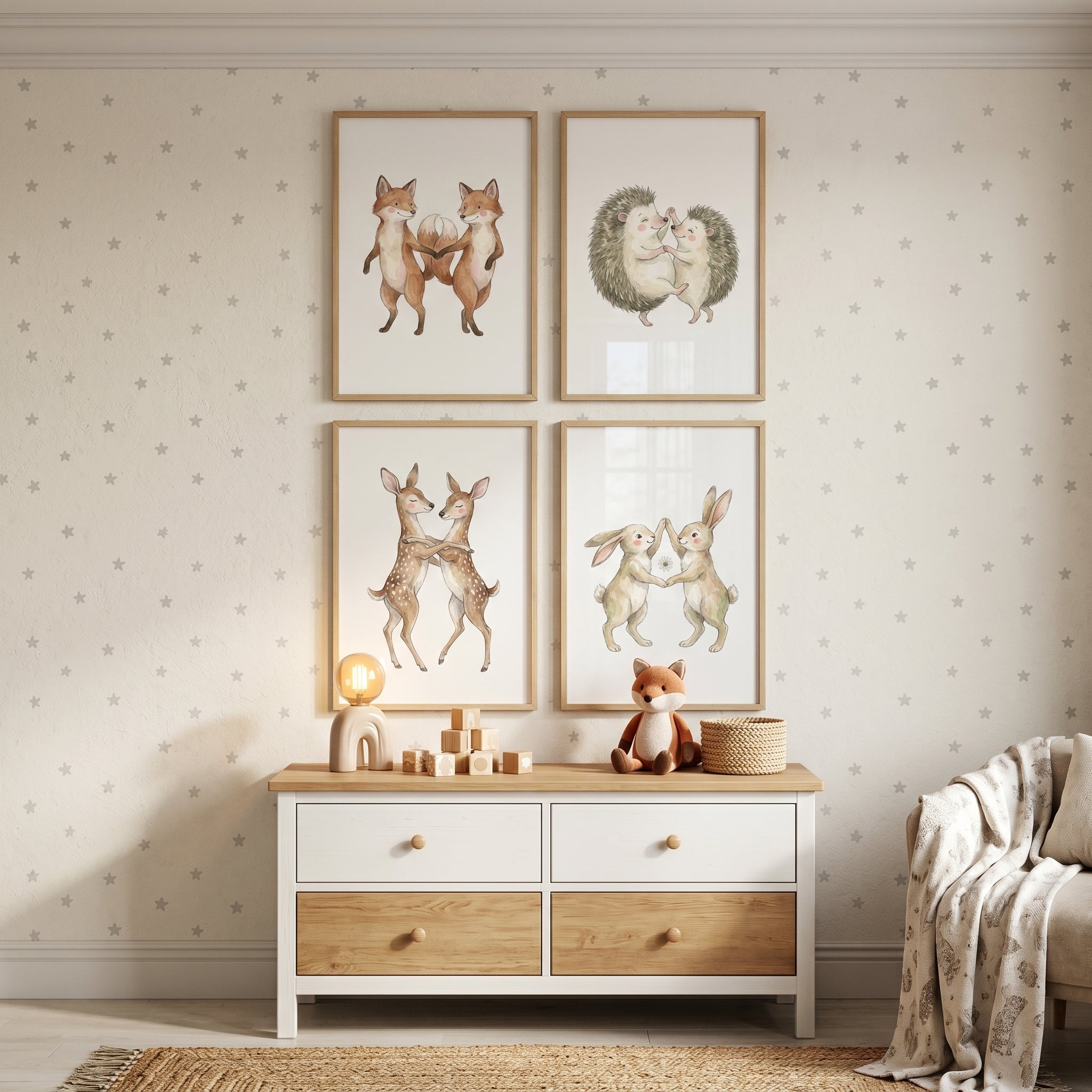 Watercolor Dancing Woodland Animal Wall Art Set of 4 - Whimsical Woodland Friends