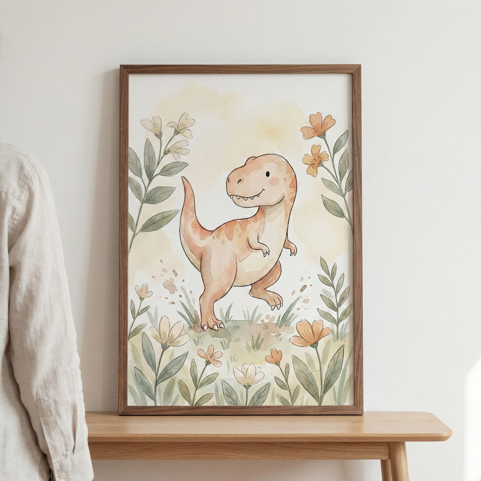 A framed watercolor illustration of a friendly peach-colored dinosaur standing in a meadow of soft-toned flowers and greenery. The artwork is housed in a simple wooden frame and rests on a light wood table against a neutral wall. To the left, a portion of a person wearing a light linen shirt is visible.