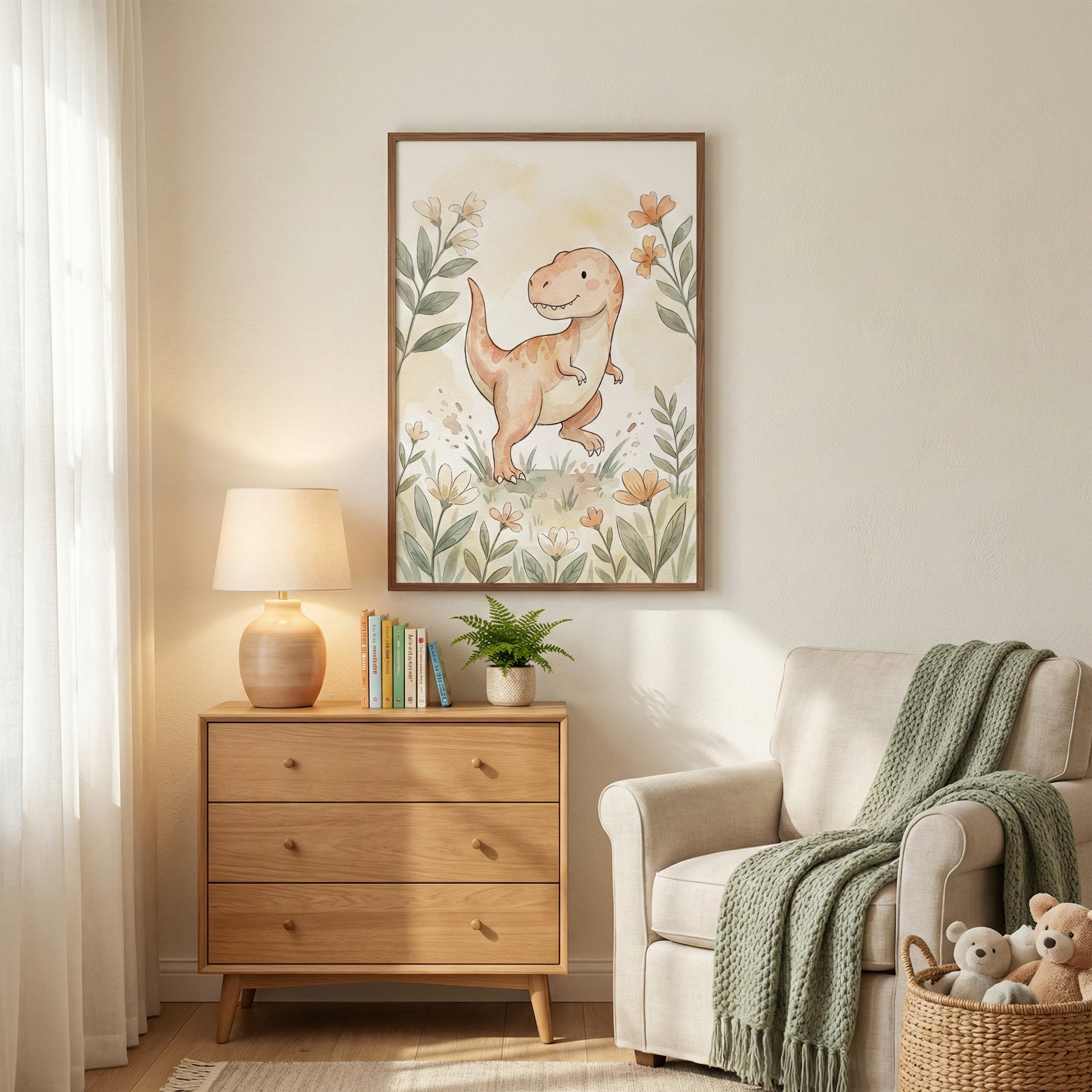 A cozy, neutral-toned child's room features a light-colored wooden dresser and a comfortable beige armchair. Above the dresser, a large framed artwork displays a friendly, smiling orange dinosaur in a field of delicate watercolor flowers and greenery. On top of the dresser sits a small lamp with a rounded base, a few books, and a small potted fern. A green textured throw blanket is draped over the chair, and a woven basket filled with stuffed teddy bears sits on the floor beside it. 