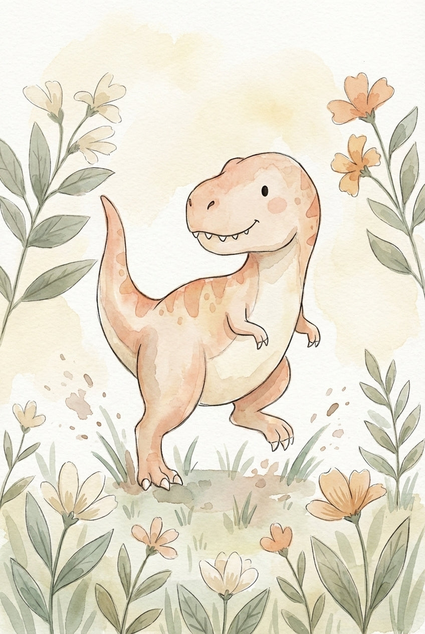 A playful orange T-Rex with a wide grin stands among soft yellow and peach flowers. The background is light and airy with subtle warm hues.

