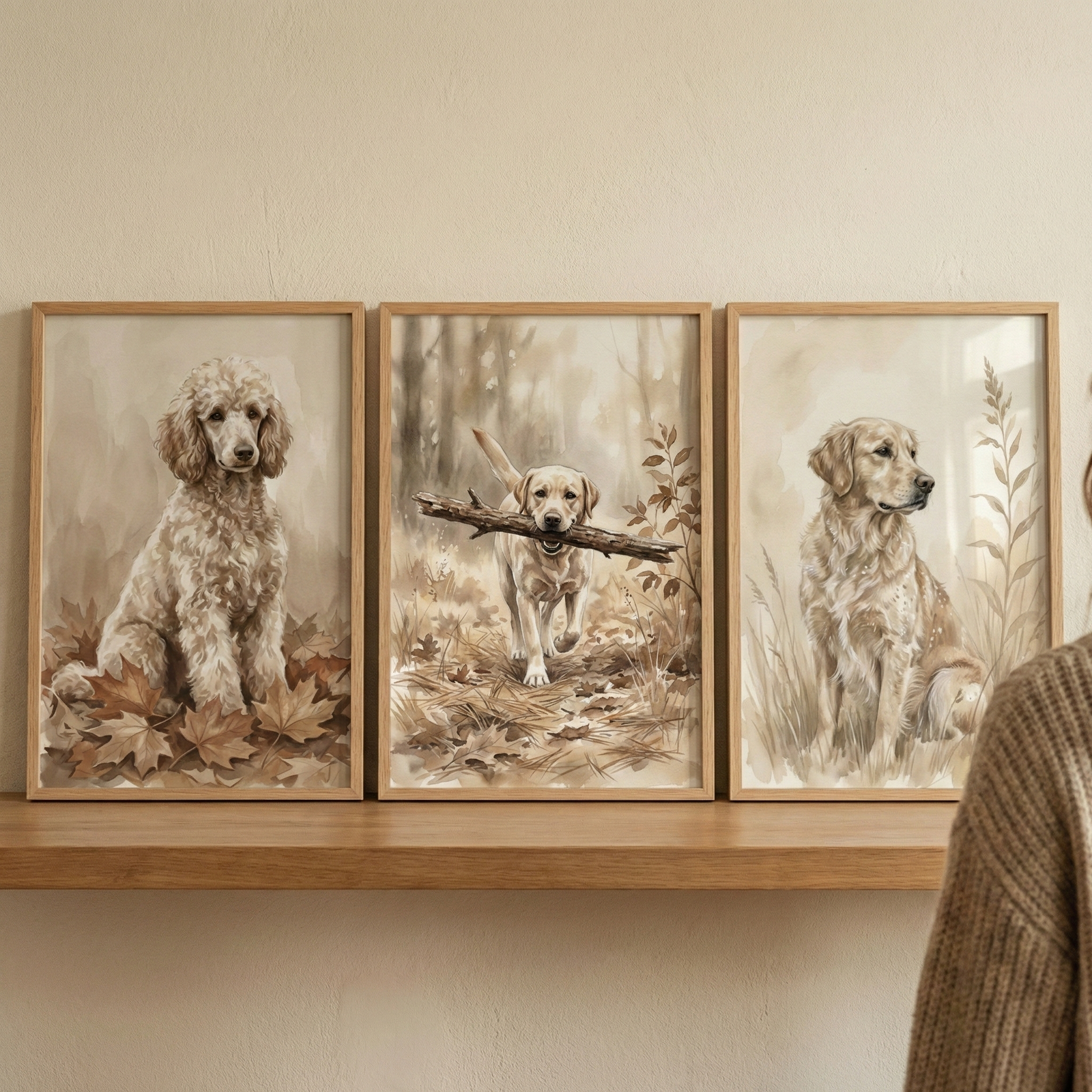 Three sepia toned dog illustrations displayed side by side on a wooden shelf. The artwork shows a curly poodle sitting among autumn leaves, a labrador carrying a large stick through a forest path, and a golden retriever sitting calmly in tall grass.
